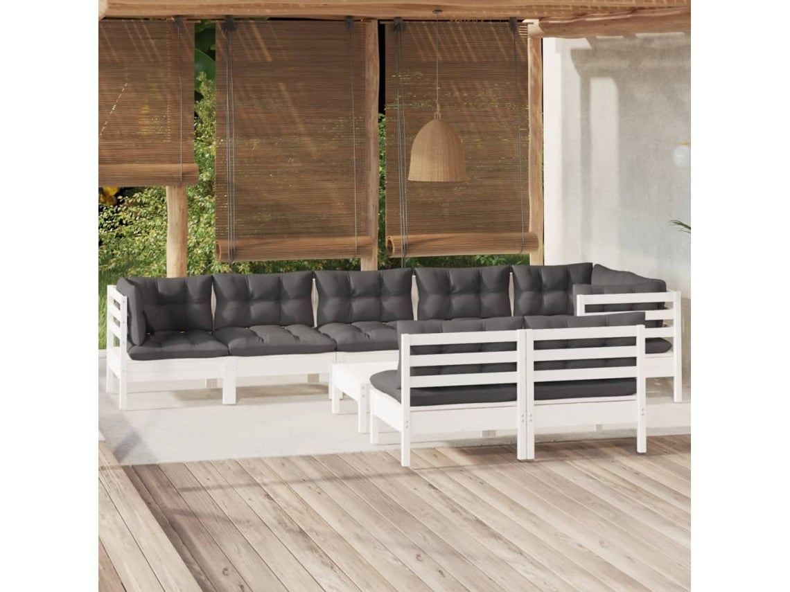 Conjunto de jardín de 9 piezas con cojines de pino macizo blanco de DKD Home Decor