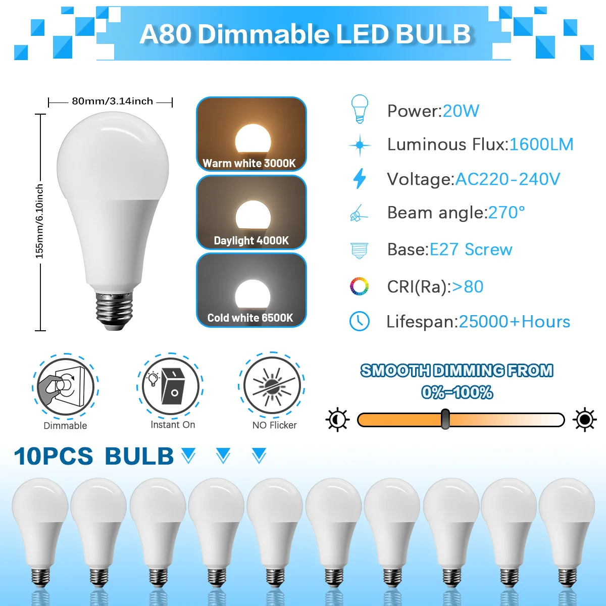 (10 Piezas) Bombilla Regulable Led Con Índice De Reproducción De Color Ra80 Y 20w De Alto Brillo. Ideal Para Vestíbulo, Restaurante, Etc.