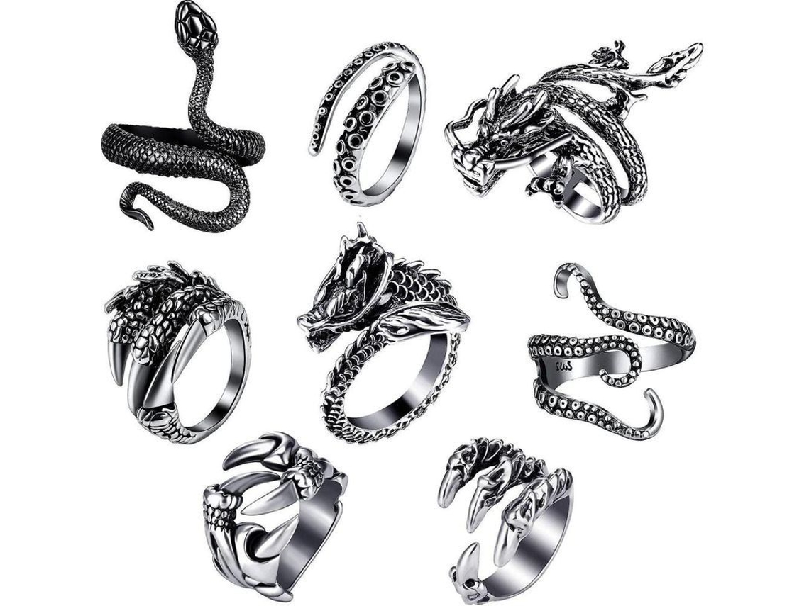 8 Anillos Vintage Punk Ajustables Estilos Pulpo Dragón Serpiente Clavo Lobo