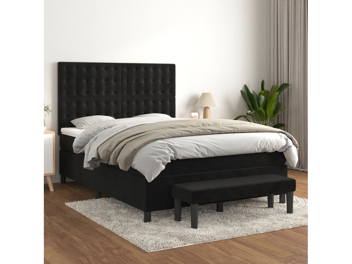 Cama Box Spring Con Colchón Terciopelo Negro 140x190 Cm