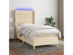 Cama Box Spring Colchón Y Luces Led Tela Crema 90x200 Cm