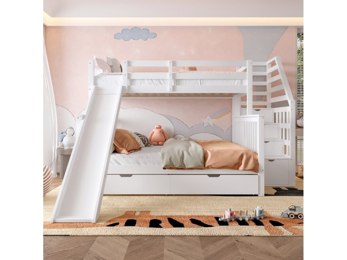 Cama Literas 90x200 Sobre 140x200 - Con Cajones, Almacenamiento Y Tobogán - Blanco