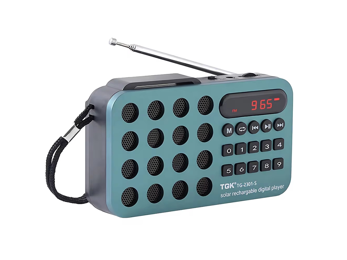 Radio FM portátil recargable Viewleaf con altavoz inalámbrico, carga solar, compatible con USB, tarjeta TF y reproductor de música MP3 integrado.