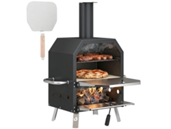 Horno de pizza de leña, acero inoxidable, 2 niveles, piedra refractaria, patas plegables, exterior.