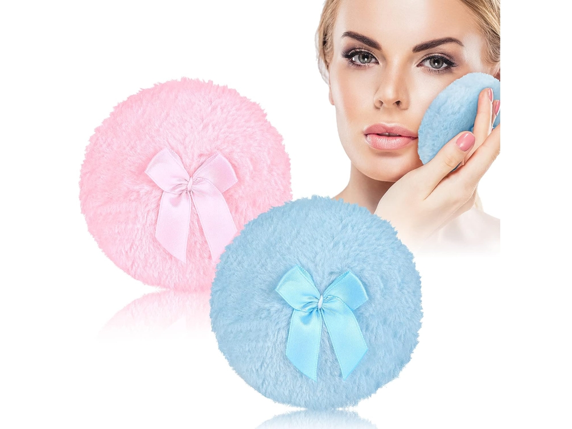 2 piezas de polvo esponjoso de cuerpo grande de 4 pulgadas, cojín de felpa suave, polvo suelto redondo con lazo de cinta para cara y cuerpo (rosa y azul) UISAVE