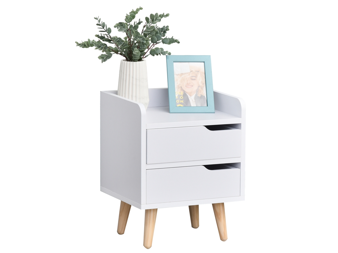 Mesa Cabeceira 2 Gavetas Pés Elevados Pinho Design Moderno Branca