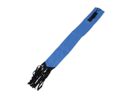 Bolsa protectora para coleta de tela con flecos y velcro azul.