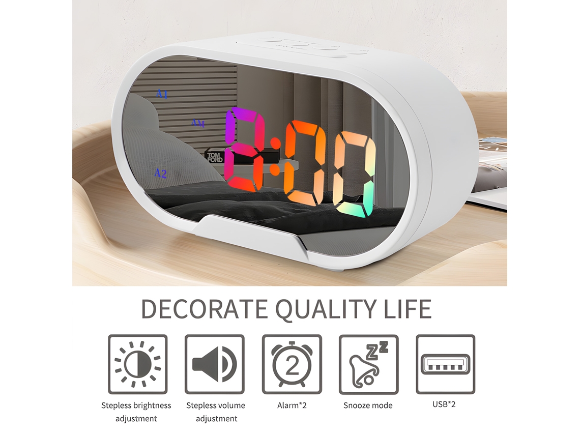 Reloj despertador digital Baok-relógio LED RGB de 5,5 pulgadas con espejo, volumen ajustable, USB, función de repetición, decoración para dormitorio