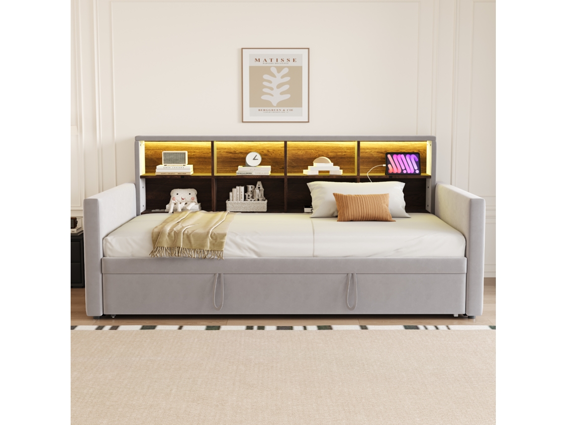 Canapé Cama 90x190cm, Abatible, Almacenamiento Cabecero, Led, Usb-c, Terciopelo, Sin Colchón, Gris Claro