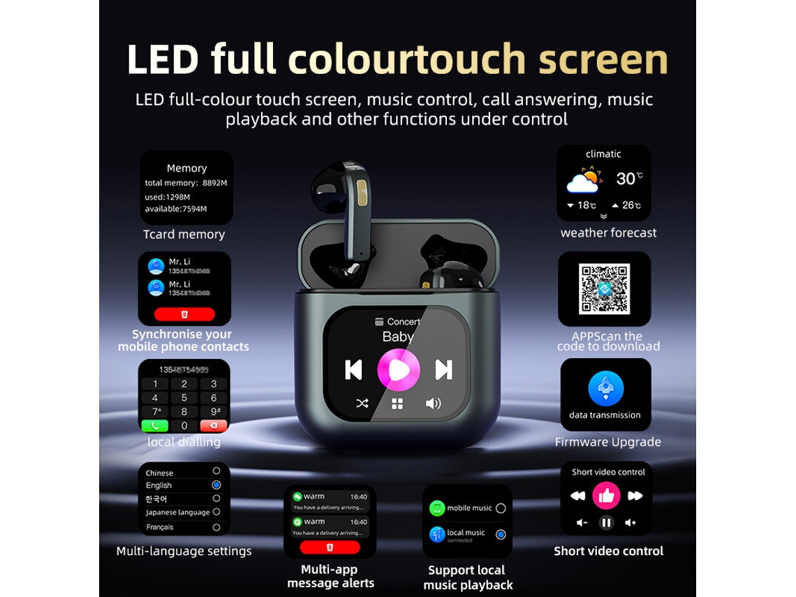 Auriculares Bluetooth K1 TWS con pantalla táctil LCD, 8 GB de memoria, llamadas HD, baja latencia, auriculares inalámbricos portátiles e inteligentes con micrófono.