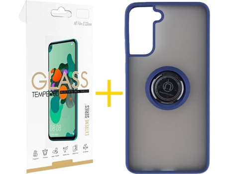 Carcasa y Protector de Pantalla de Vidrio Samsung S21 Plus SKYHE Gel Bumper Ring Azul