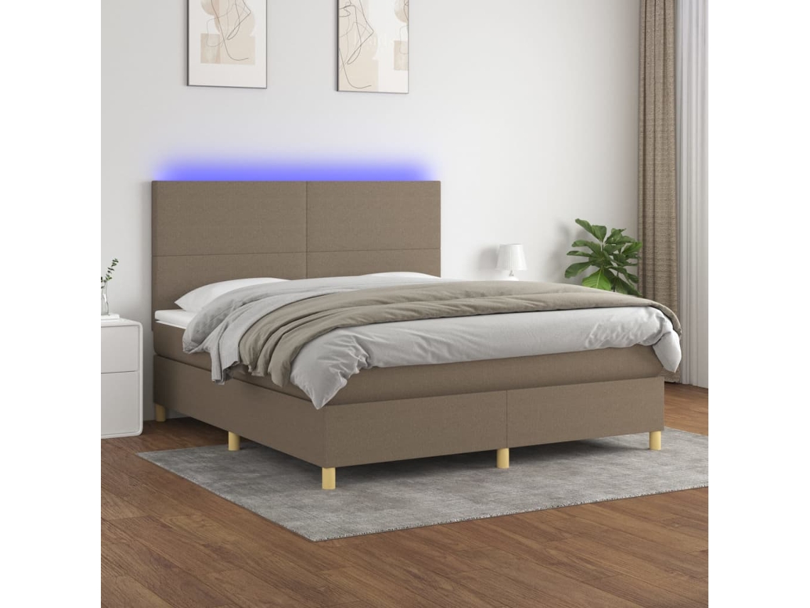 Cama Box Spring Colchón Y Luces Led Tela Gris Taupe 180x200 Cm