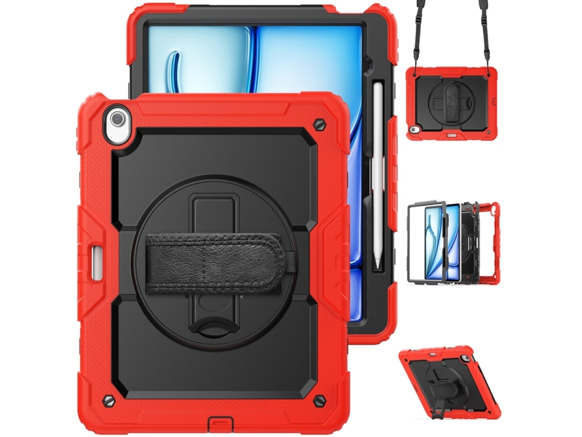 Funda antigolpes para iPad Air 13 2026/2025/2024, con soporte y correa para el hombro, rojo + negro.