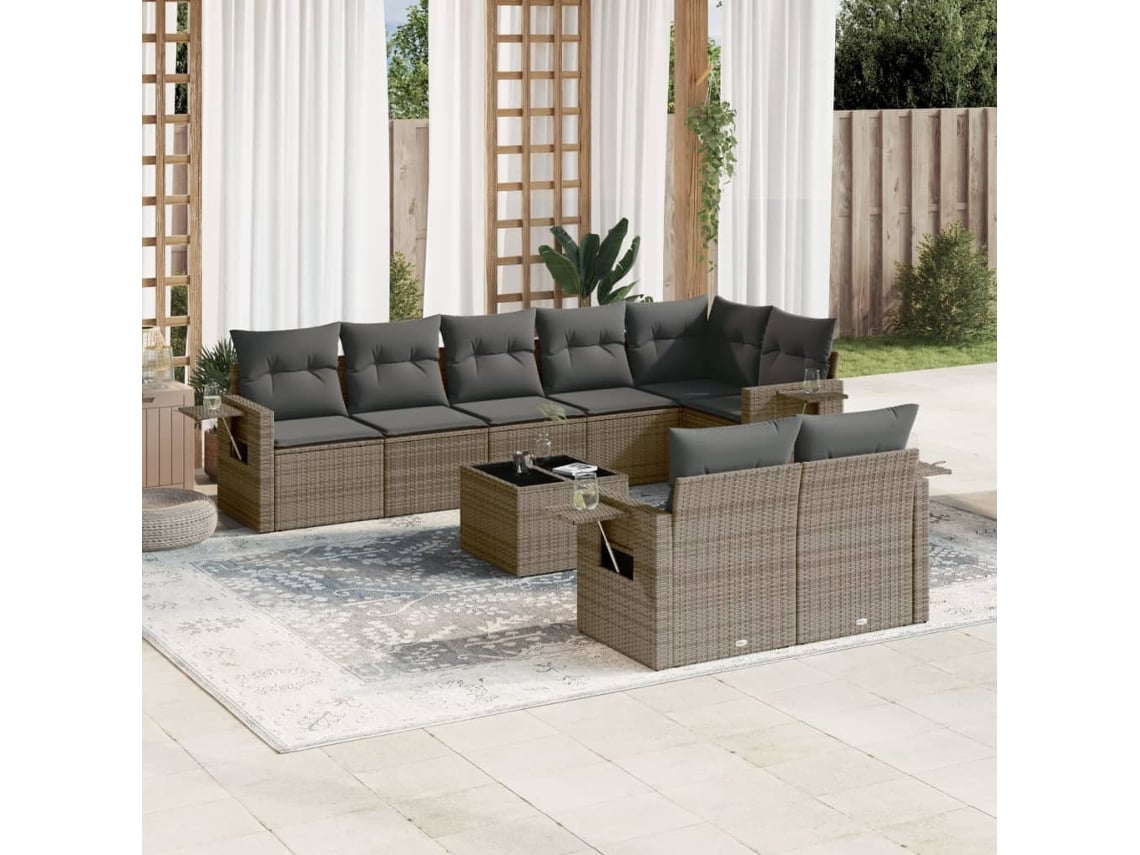 Conjunto de sofá de jardín de 9 piezas con cojines, mimbre gris, DKD Home Decor