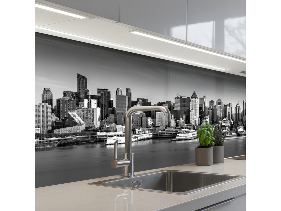 Salpicaderos De Cocina Skyline - Ciudad - Rascacielos - Negro - Blanco 150x60 Cm