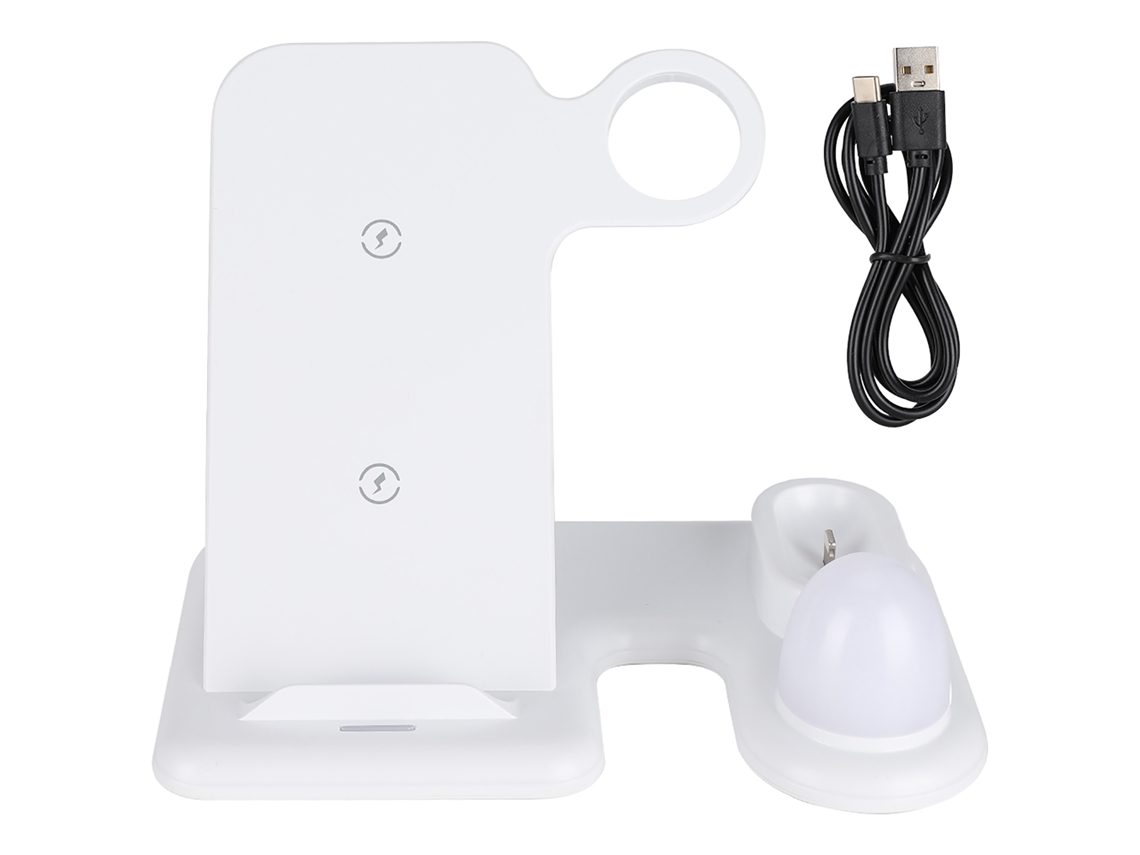 Cargador Inalámbrico 4 En 1 Para Teléfono Qi, Iwatch Y Auriculares Tws Con Luz Nocturna Blanca