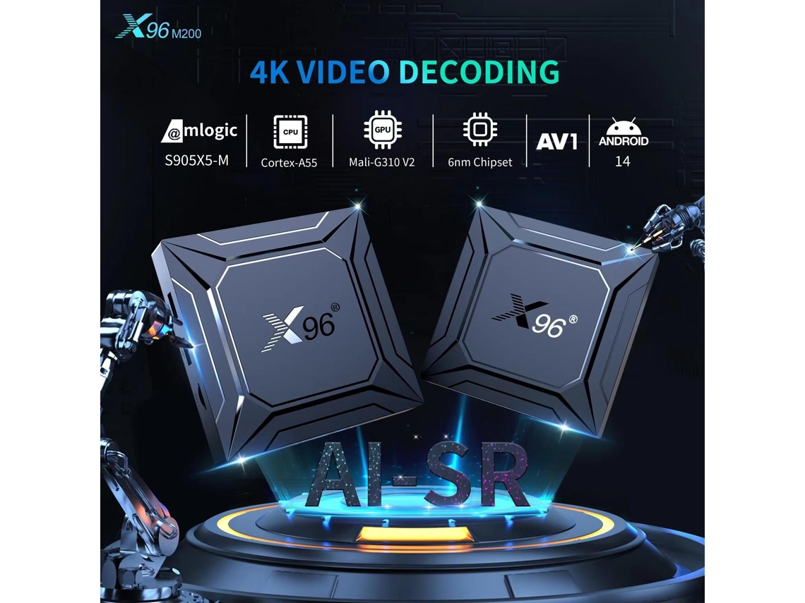 Tv Box X96m200, 4k Ultra HD, 4 Gb Ram/64 Gb Rom, Wi-Fi 6 2,4 Ghz/5 Ghz Dual Band 1000 M Bisbisous (preto)