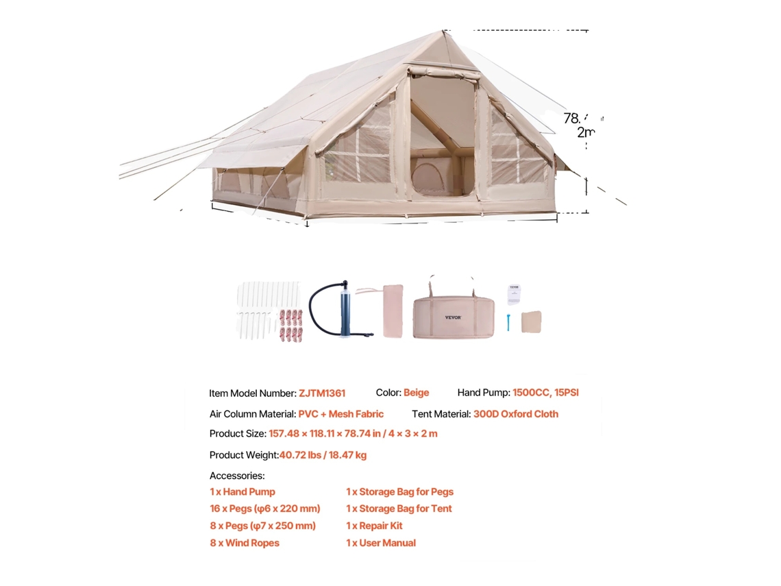 Tienda inflable Vevor, diseño espacioso, 3 x 2 m, tela Oxford 300D duradera, 4 x 3,1 m, OEM