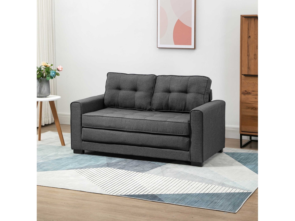 Sofá convertible de 2 plazas en tela de lino con 2 bolsillos laterales, estilo gris