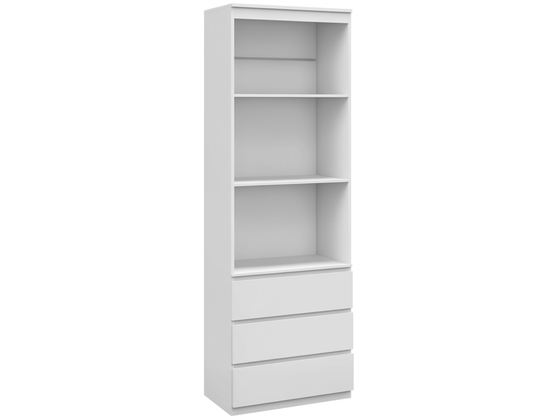 Estantería de 180 cm de altura con 3 baldas y 3 cajones, 60 x 35 x 180 cm, madera blanca.