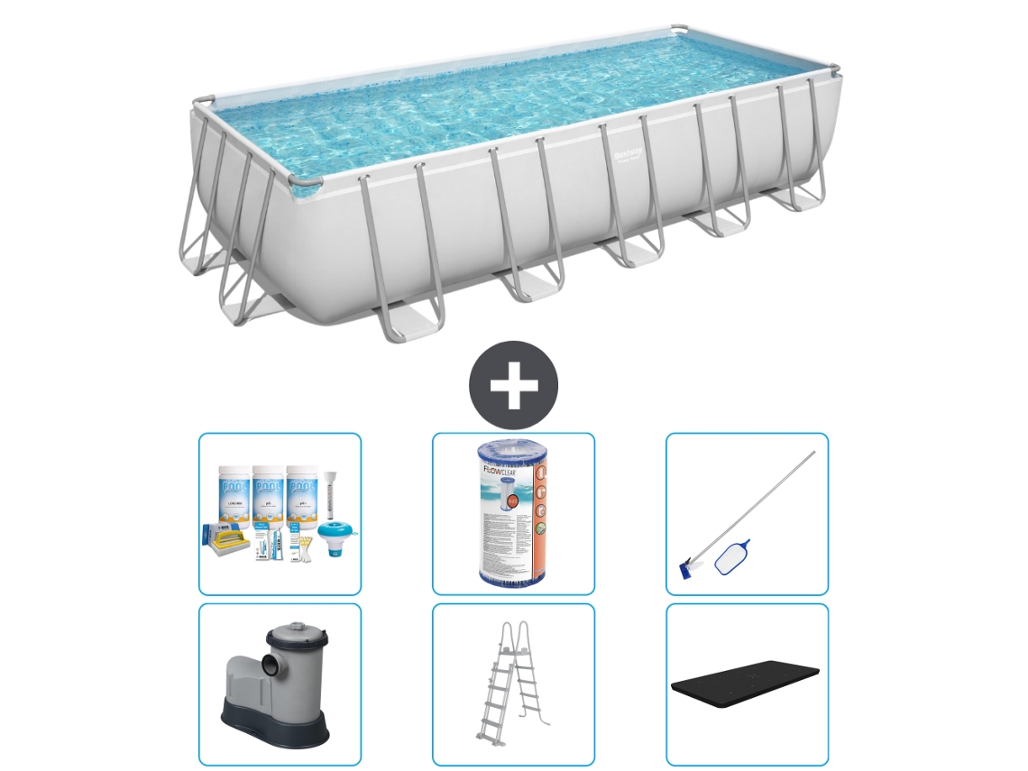 Piscina BESTWAY Rectangular Power Steel - 640 x 274 x 132 - Gris - Incluida bomba - Escalera - Cobertor Accesorios CB32