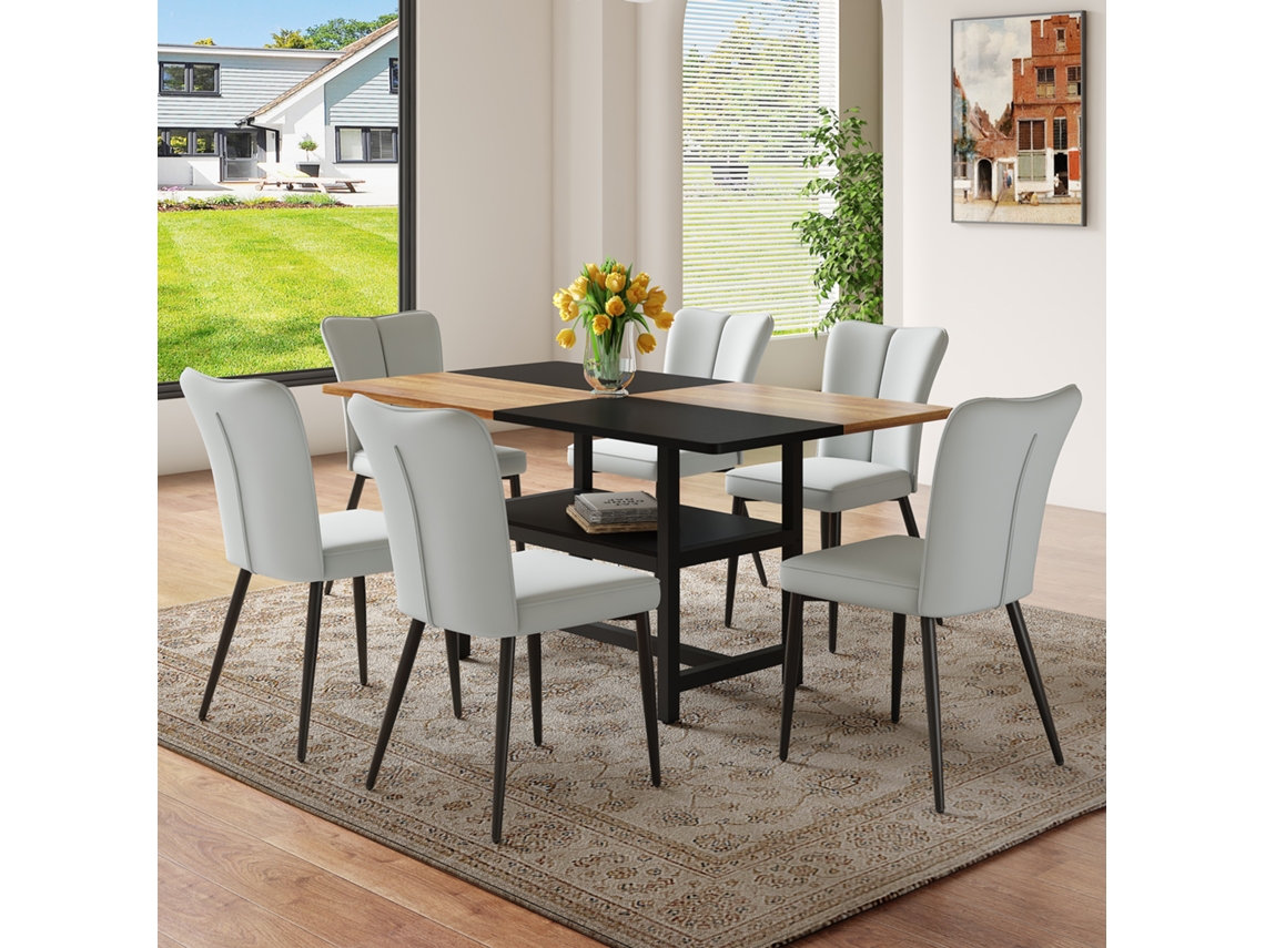 Conjunto De Comedor 160 Cm - 6 Sillas Modernas Pu Con Patas Metálicas Negras - Marrón+negro, Gris Claro