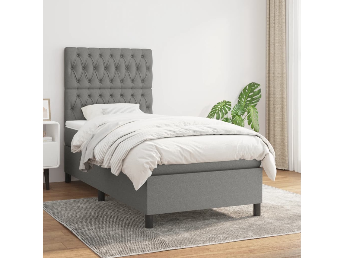 Cama Box Spring Con Colchón Tela Gris Oscuro 100x200 Cm