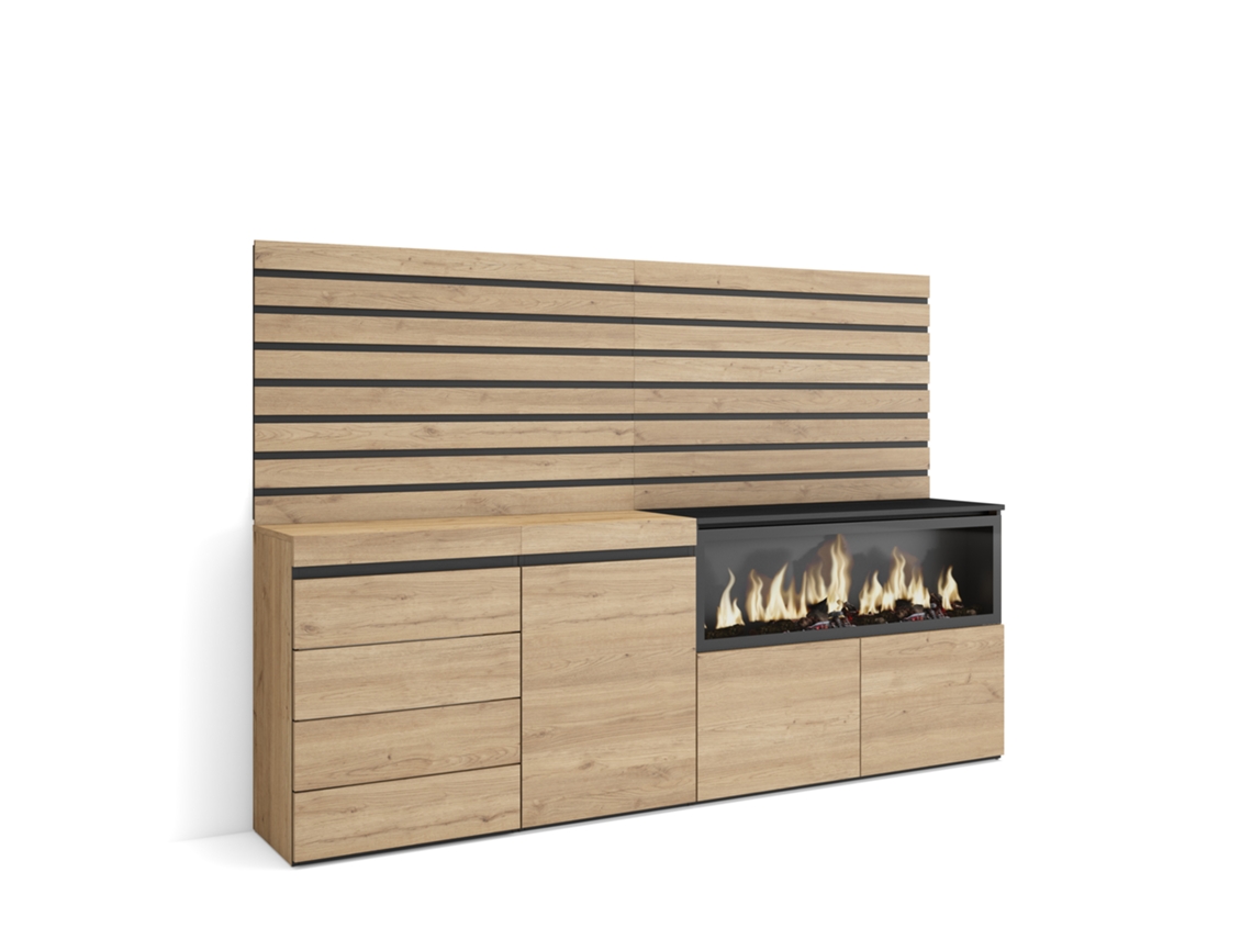 Aparador, aparador | Amplio espacio de almacenamiento | 214 x 145 x 35 cm | Para dormitorio | Chimenea eléctrica XXL | Cómoda | Roble Duérmete Online