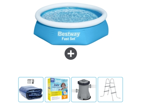 Piscina Hinchable Redonda Fast Set BESTWAY - 244 x 61 cm - Azul - Incluida Vela solar - Paquete de mantenimiento - Bomba - Escalera