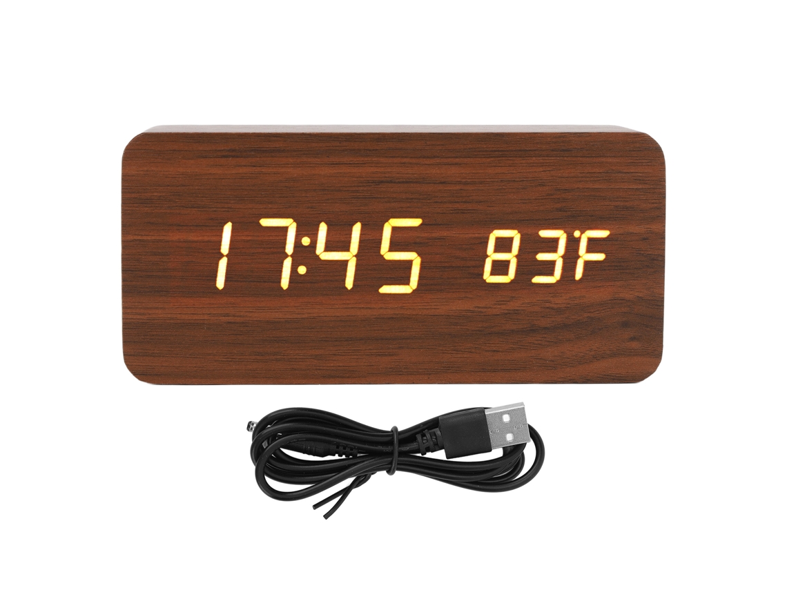 Reloj Digital Led Madera Con Alarma Y Display De Temp Y Humedad Para Dormitorio Oficina