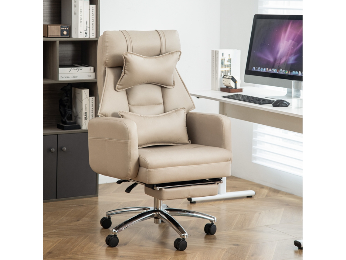Silla Ejecutiva Ergonómica Reclinable 155°, Cuero Sintético Premium, Apoyo Lumbar Y Reposacabezas, Cómoda Silla De Oficina Beige