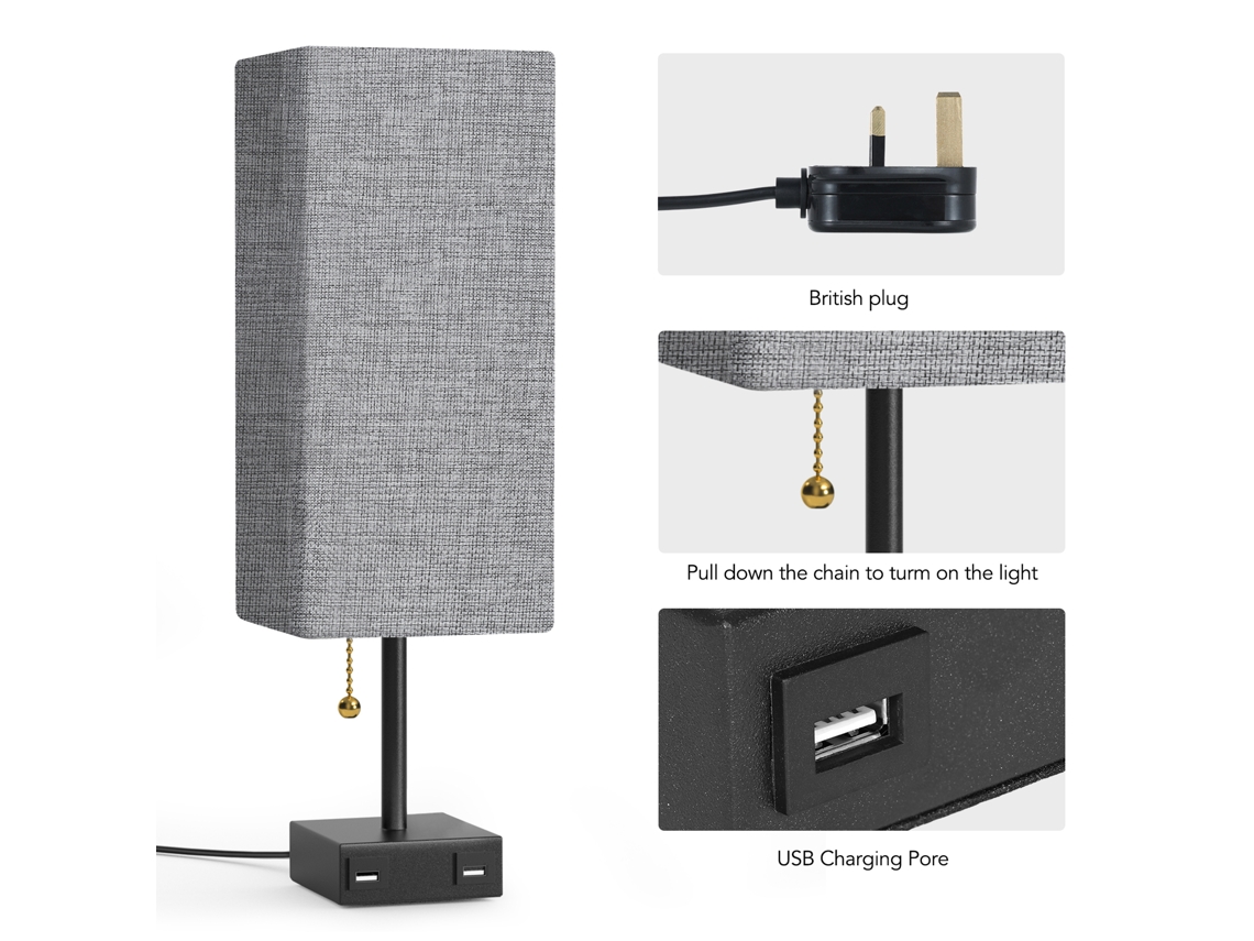 Lámpara De Mesilla Con 2 Puertos Usb Y Interruptor De Cremallera Para Dormitorio Y Sala De Estar.