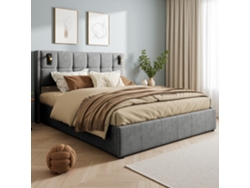 Cama De Matrimonio 140x200cm Con Almacenamiento Hidráulico Y Sistema Neumático, Cama Tapizada Moderna Lino Gris Con Luces De Lectura Y Tachuelas