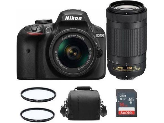 Kit Cámara Réflex NIKON D3400 AF-P 18-55mm F3.5-5.6G VR + AF-P 70-300mm F4.5-6.3 ED VR (20062)+ Bolsa+ 16gb SD + Hoya UX UV 55mm+ Hoya UX UV 58mm