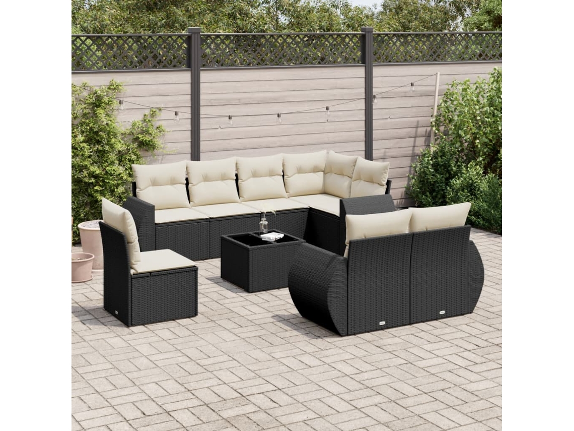 Conjunto de sofá de jardín de 9 piezas con cojines, ratán negro, Dkd Home Decor