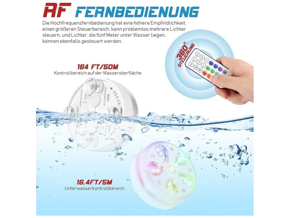 Luz Submersible Led Impermeable Con Control Remoto Rf, 16 Leds, Timer, Ventosa Y Imán Para Piscina, Acuario Y Fiesta