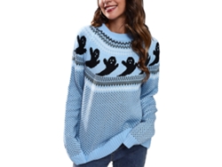 Suéter de Halloween Kkpm con estampado de fantasmas y lunares retro, manga larga, cuello redondo, tela para mujer, azul claro, talla L