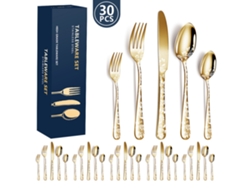 Juego de cubiertos de acero inoxidable, 30 piezas, utensilios de cocina para 6 personas, color dorado.