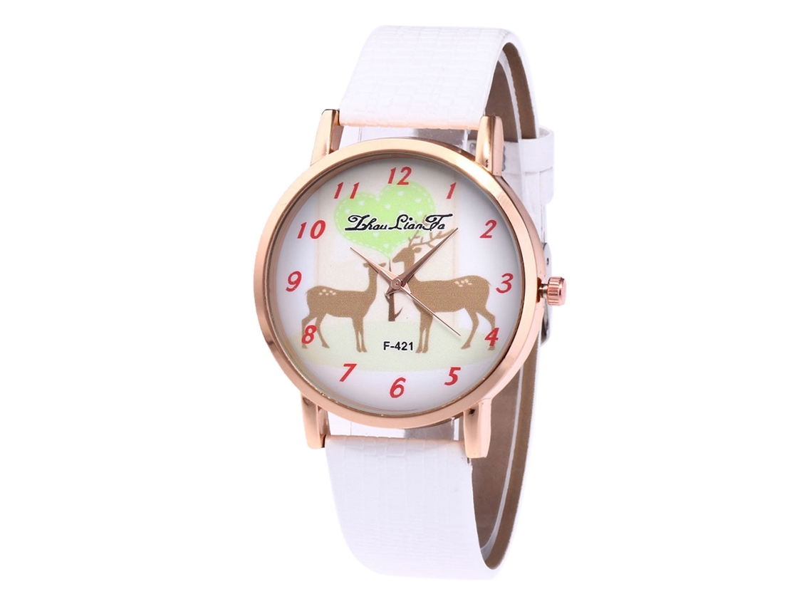 Reloj De Pulsera De Moda Para Mujer Con Diseño De Ciervo, Cuarzo Y Correa De Piel De Cocodrilo Blanca.