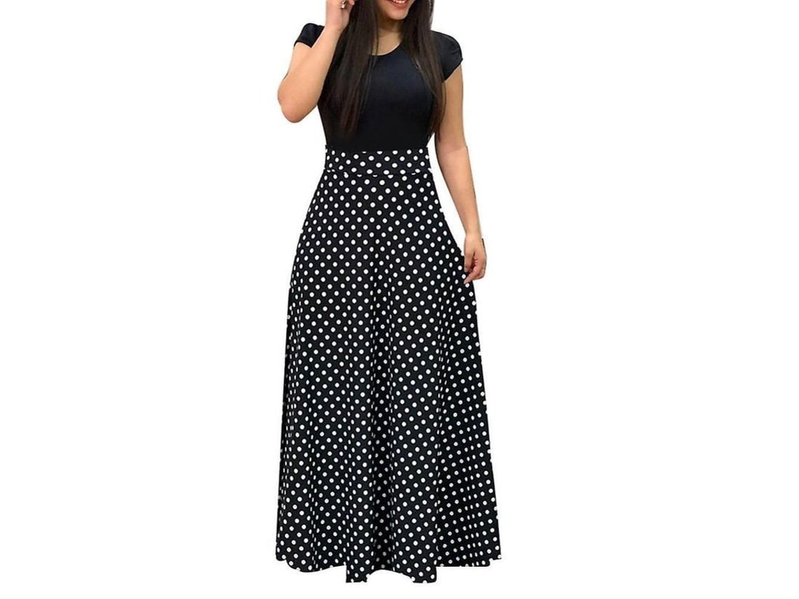 Vestido longo feminino 2026 com estampa floral, gola redonda, manga curta, ideal para festa na praia, tamanho G e estampa de bolinhas.