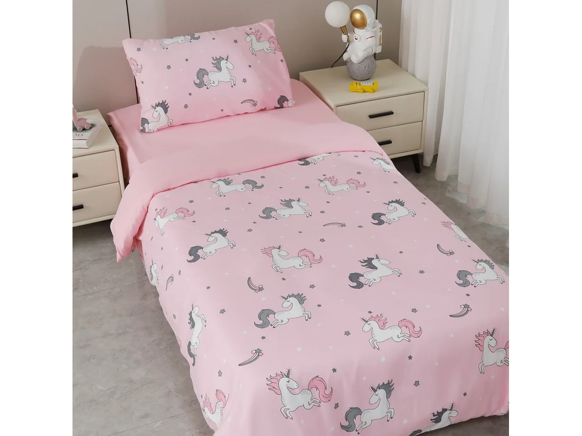 Juego De Sábanas Infantil Estampado Unicornio En Rosa (Cama 90/100)-BOD HOME