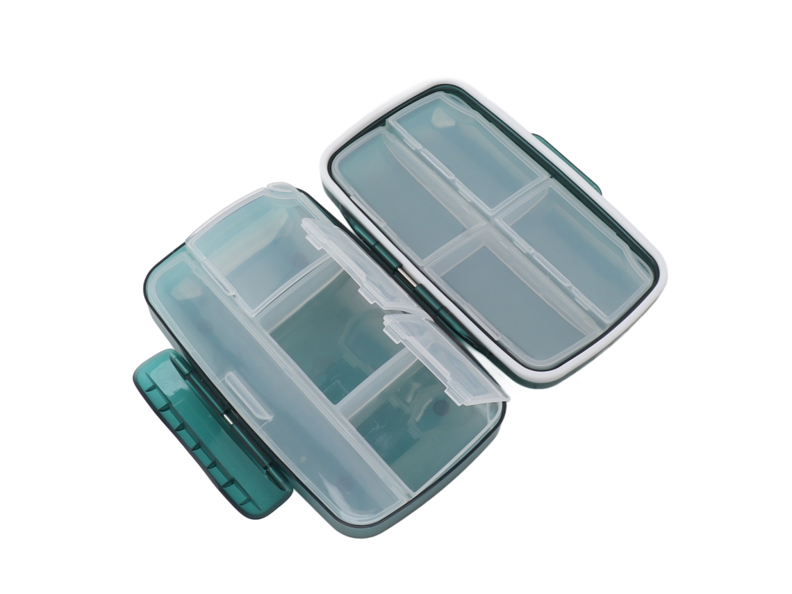 Estuche de silicona con 8 compartimentos para tabletas, dispensador de pastillas diarias para viajes, color verde