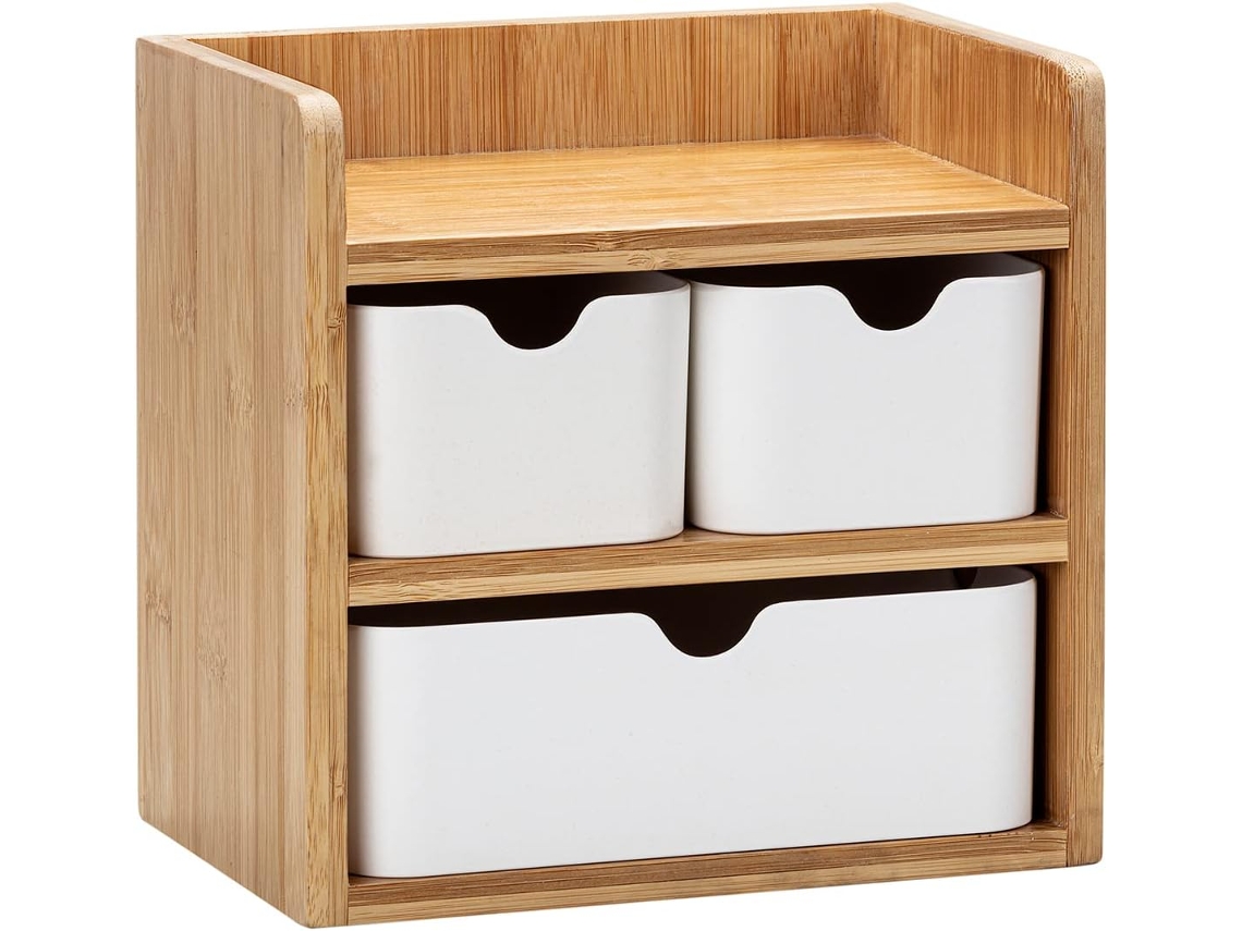 Organizador De Escritorio Blanco De Madera Y Bambú Con Cajón