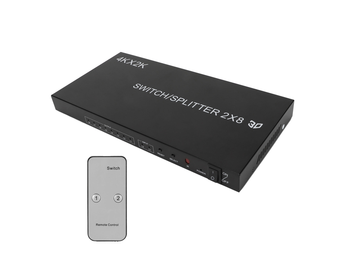 Conmutador De Interfaz Multimedia Hd 2x8, Distribuidor 4kx2k Con Mando A Distancia Por Infrarrojos Y Enchufe Británico.