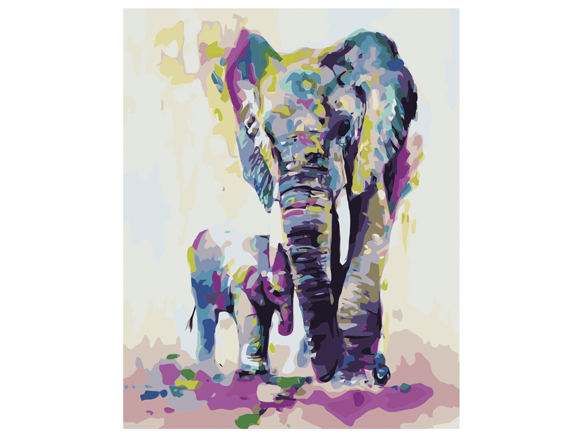 Tela con diseño para colorear por números, 40 x 50 cm. Diseño de elefante colorido. Incluye pinzas y las pinturas necesarias.