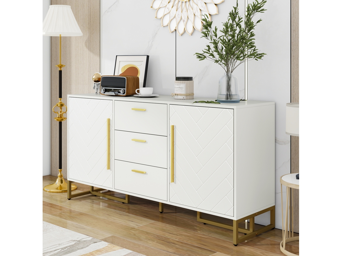 Elegante aparador de 2 puertas y 3 cajones, con diseño de espiga, color blanco, Mobrio.