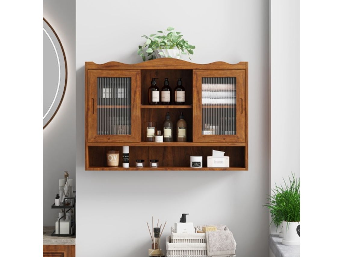 Armario corredero de estilo retro de 2 puertas con 3 niveles para baño/cocina - Marrón