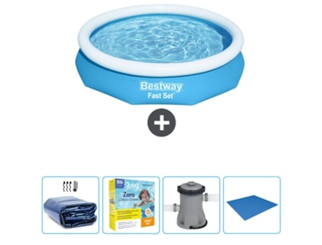 Piscina Hinchable Redonda Fast Set BESTWAY - 305 x 66 cm - Azul - Incluida Vela solar - Paquete de mantenimiento - Bomba - Suelo