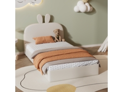 Cama Infantil De 90x200 Cm Con Cabecero En Forma De Conejo, Somier De Láminas De Madera, Tapizado De Terciopelo, Color Beige.