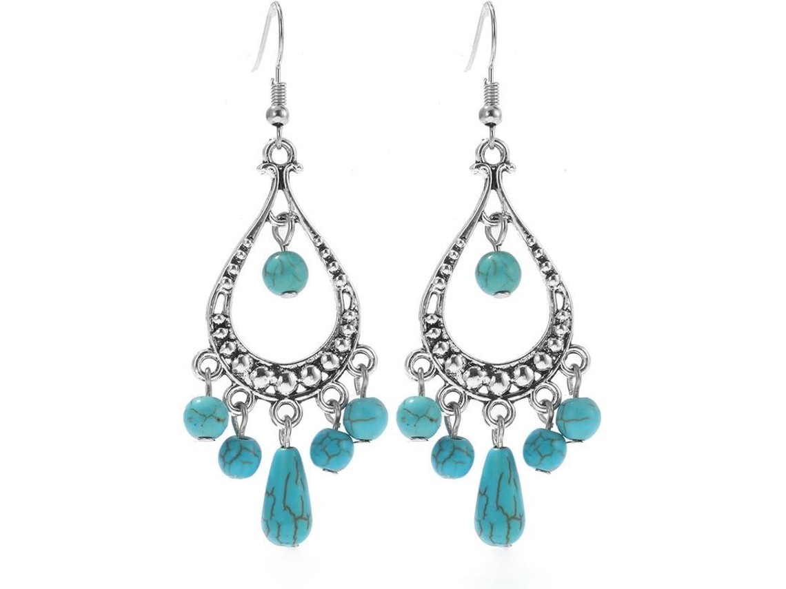 Aretes De Turquesa Vintage Bohemia Plata Colgantes Pendientes Largos Diseño Único